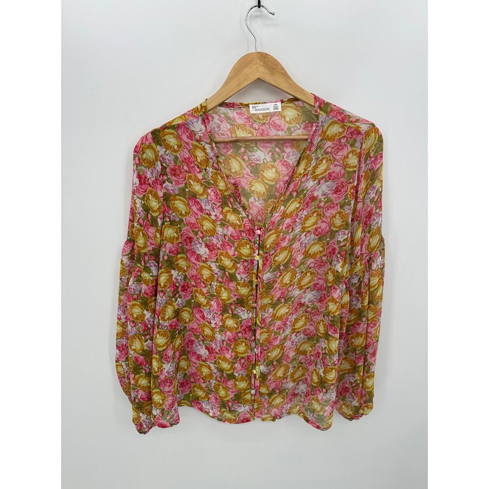 89th & Madison Womens Button Front Floral Blouse Size M Feminine Dainty Sheer